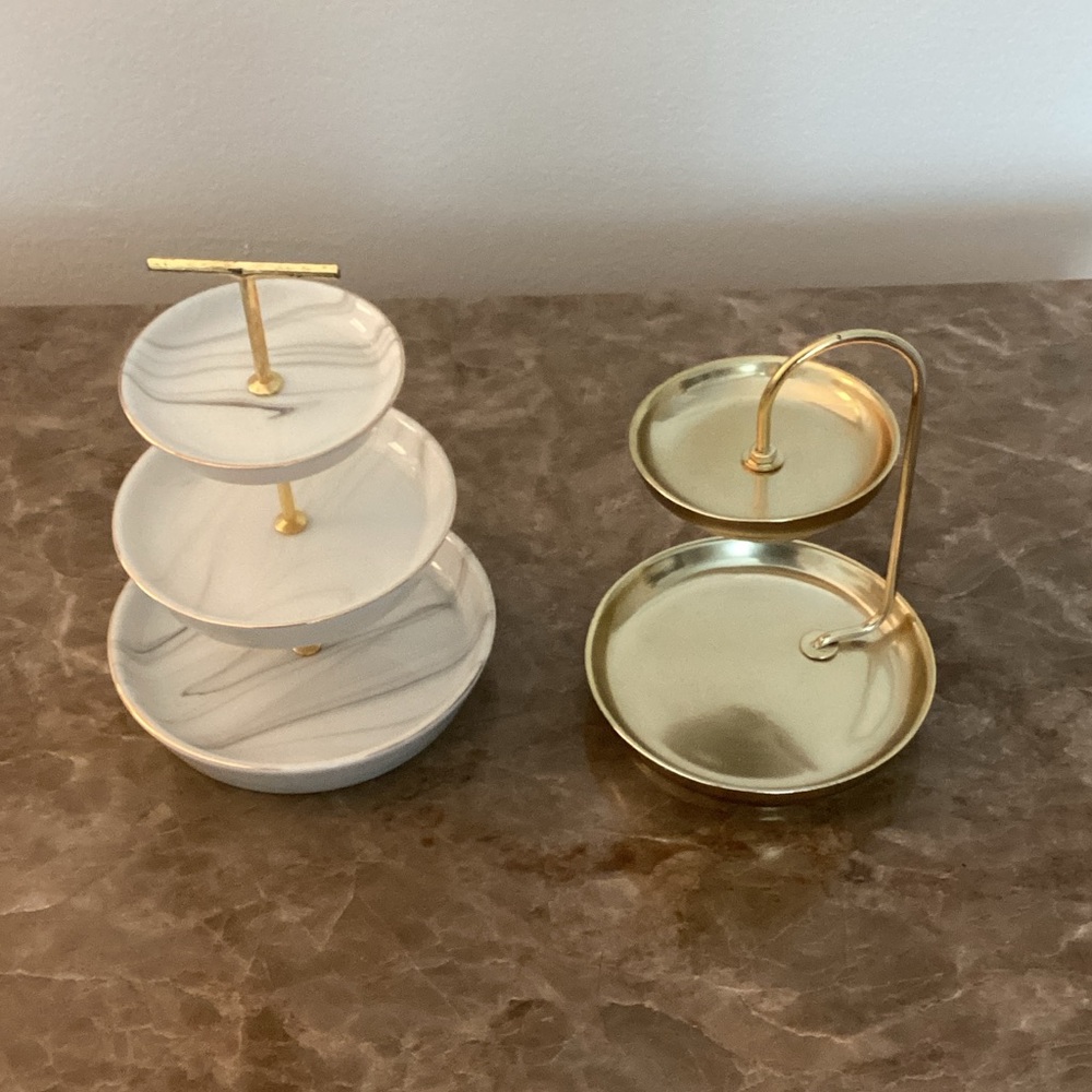 Gold and White Marble Jewelry Tiered Organizers - Two-Piece Set